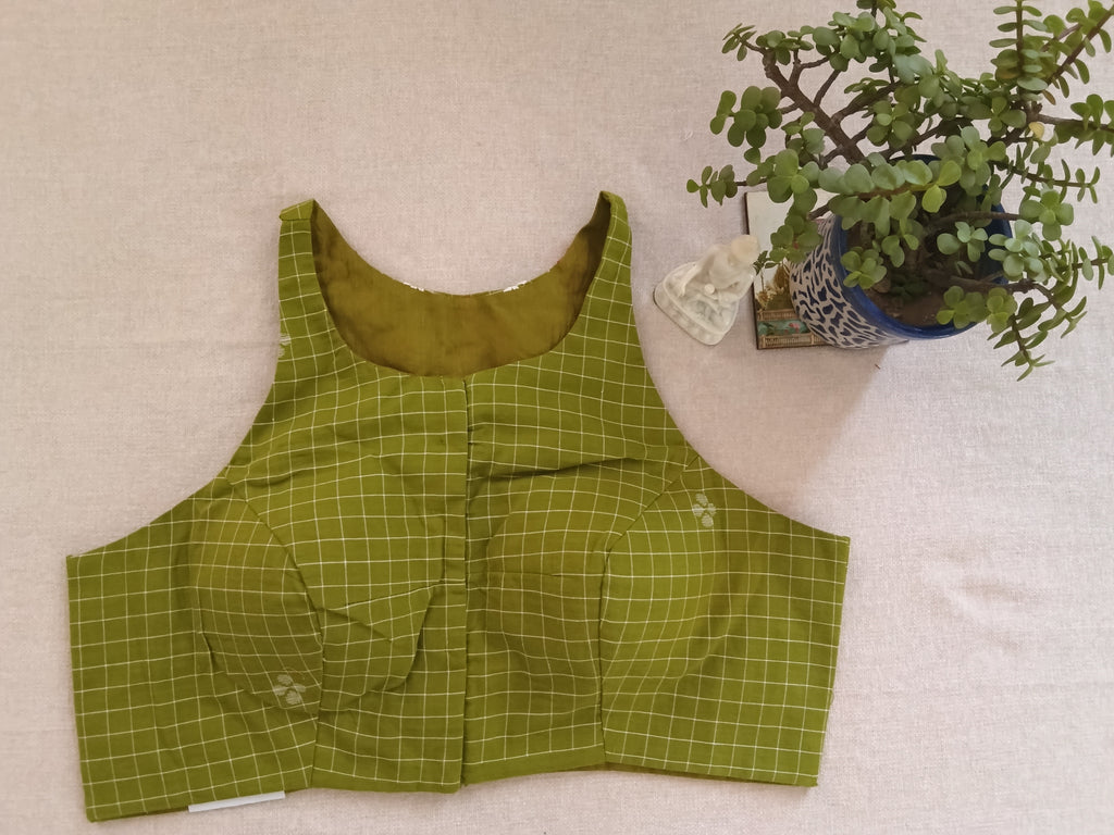 Olive Green Jamdani Razor-Cut Sleeveless Blouse with Back Hand Embroidery