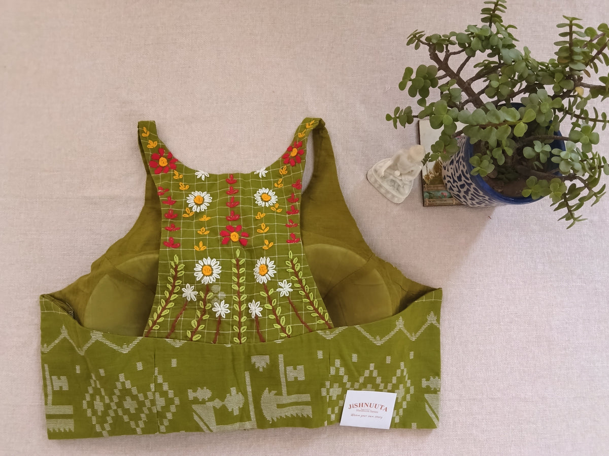 Olive Green Jamdani Razor-Cut Sleeveless Blouse with Back Hand Embroidery