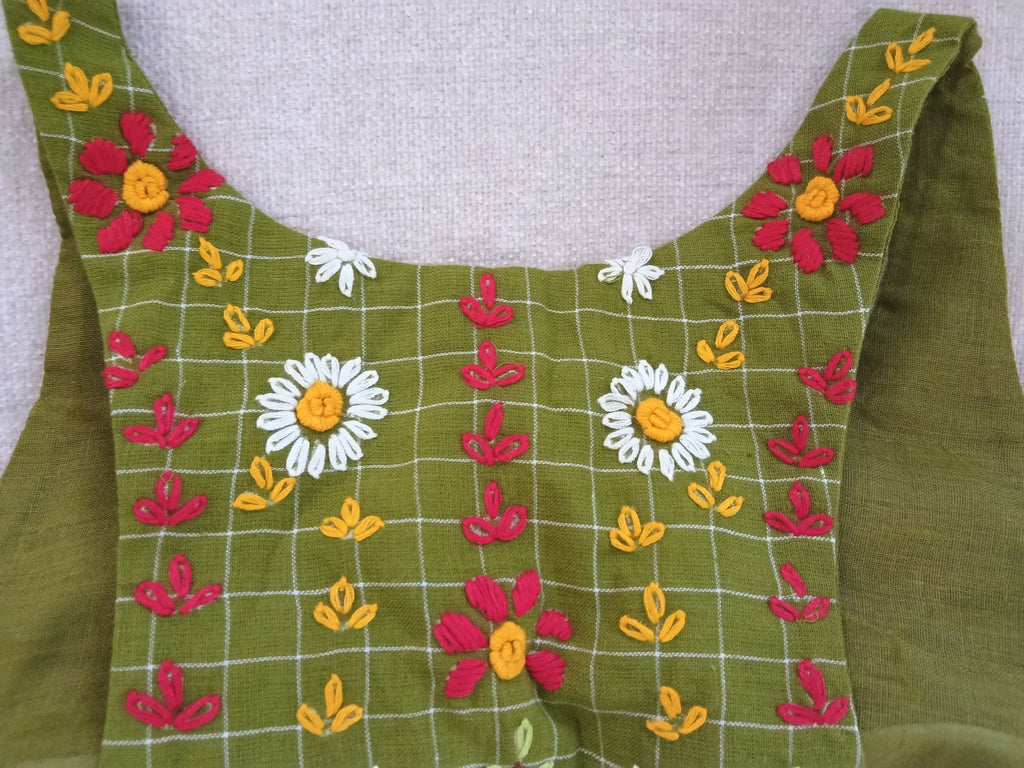 Olive Green Jamdani Razor-Cut Sleeveless Blouse with Back Hand Embroidery