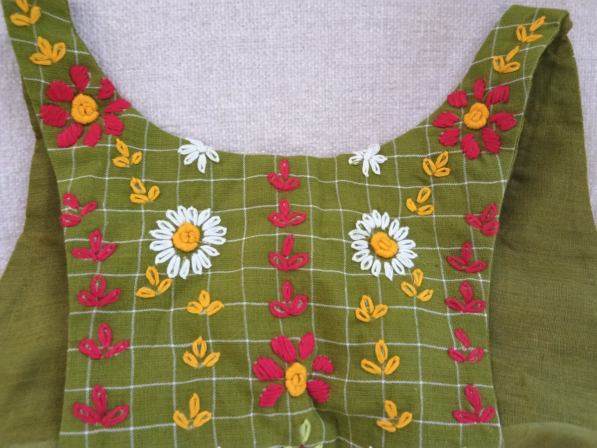 Olive Green Jamdani Razor-Cut Sleeveless Blouse with Back Hand Embroidery