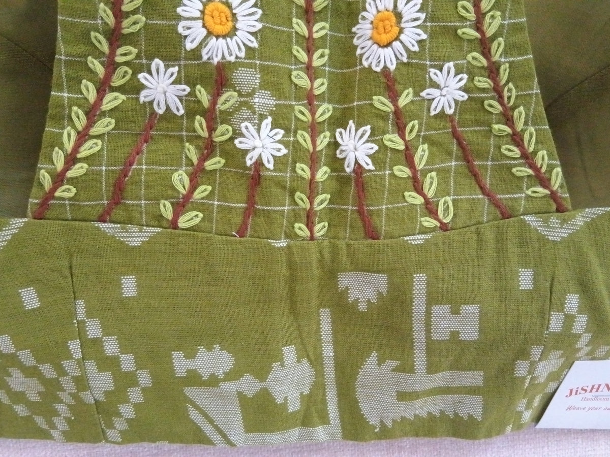 Olive Green Jamdani Razor-Cut Sleeveless Blouse with Back Hand Embroidery