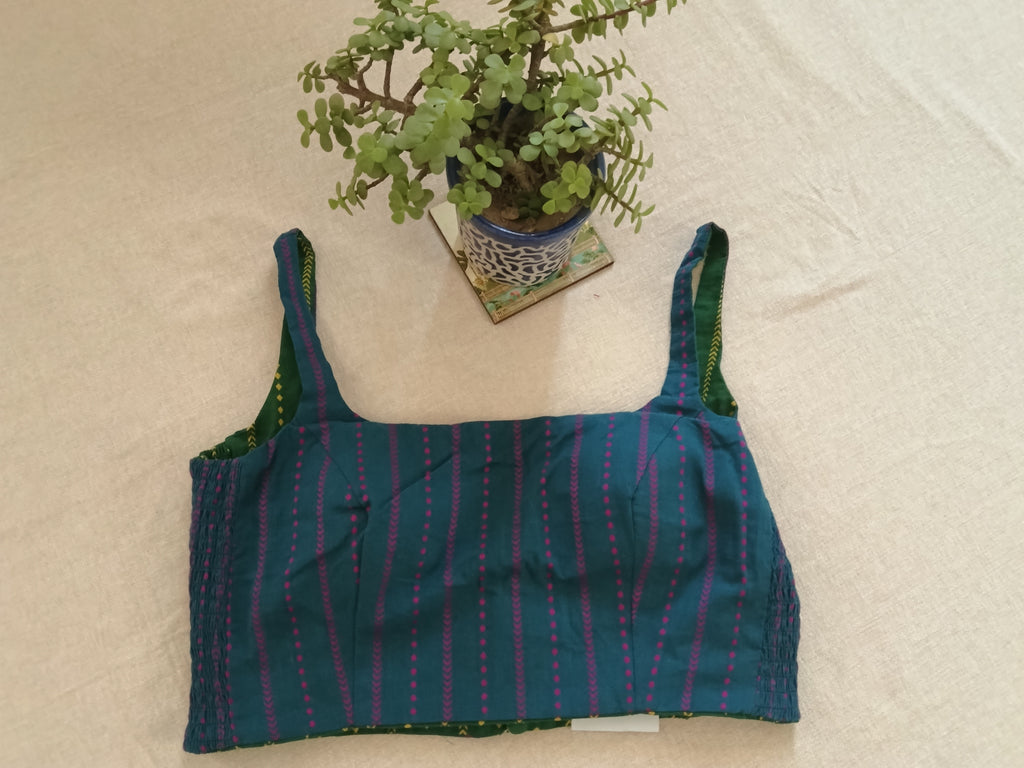 Reversible Stretch Cotton Blouse – Green & Blue, Padded Sleeveless