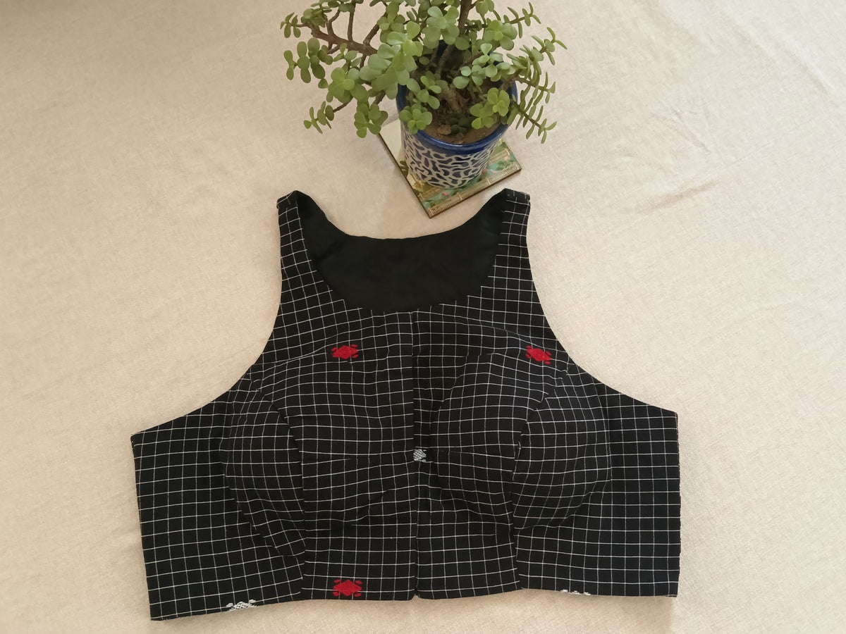 Black Razor-Cut Jamdani Blouse with Back Hand Embroidery