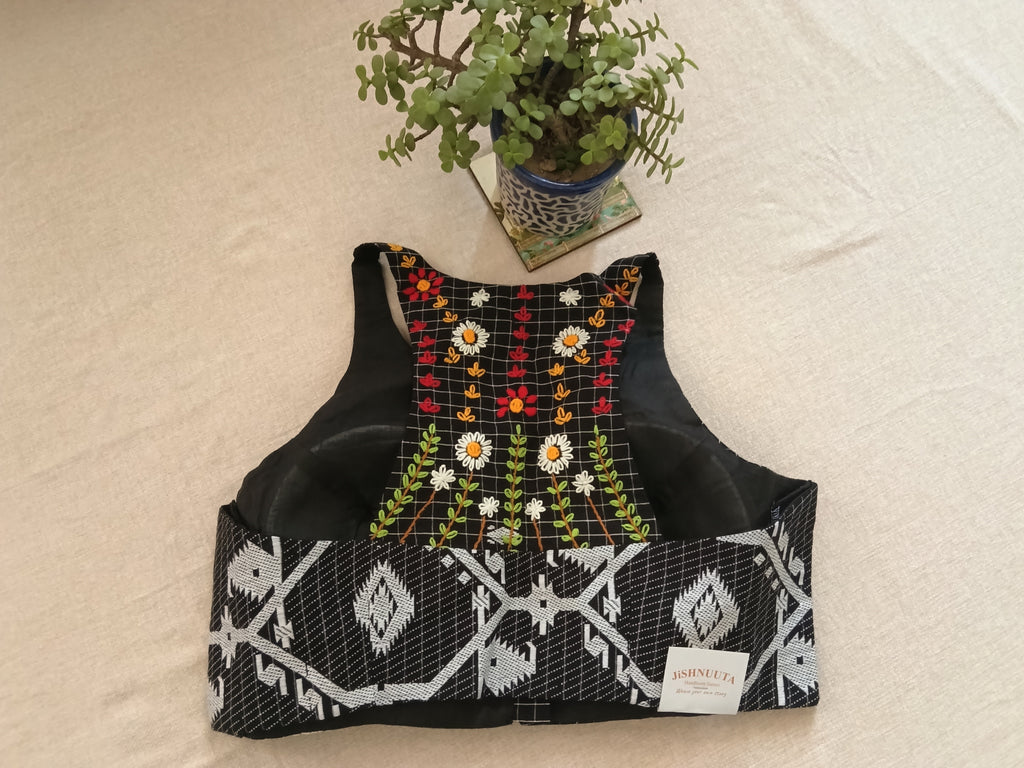 Black Razor-Cut Jamdani Blouse with Back Hand Embroidery
