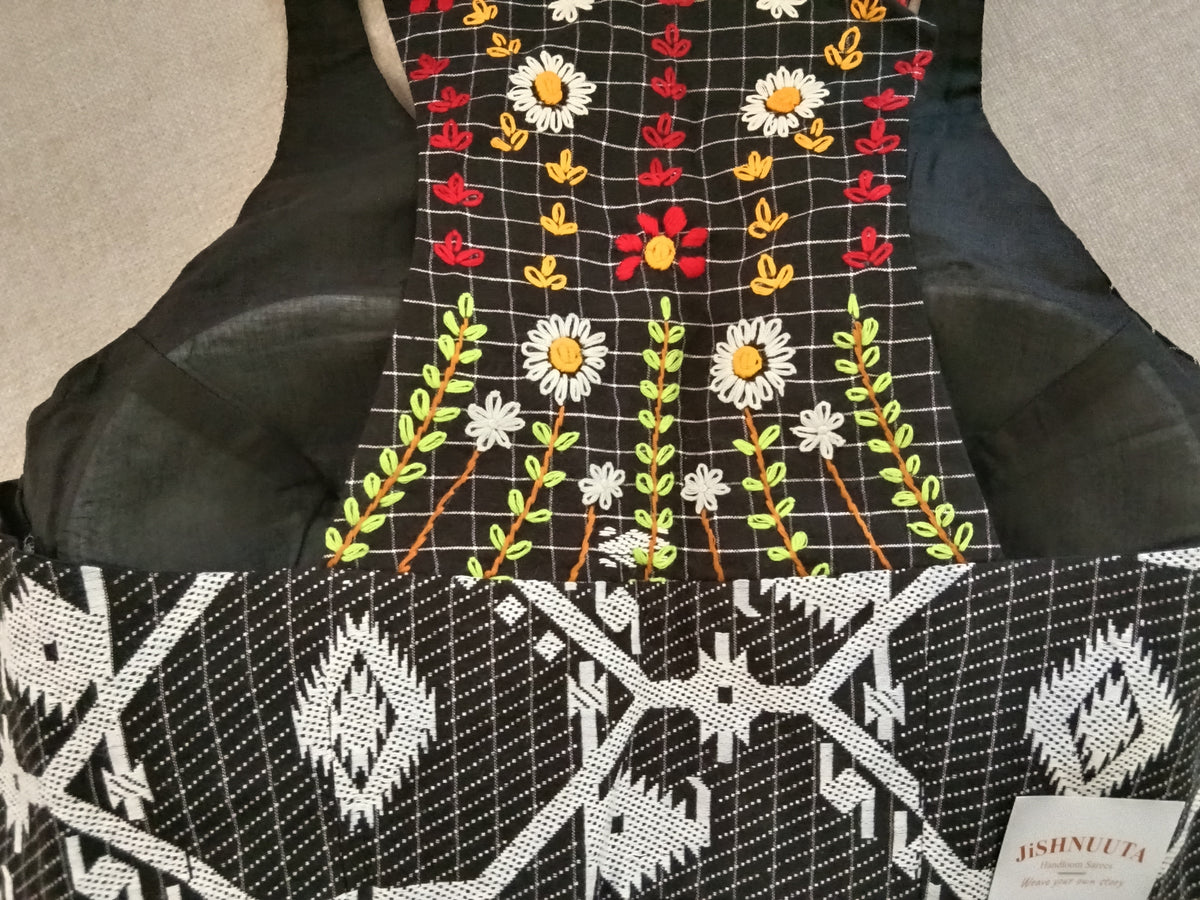 Black Razor-Cut Jamdani Blouse with Back Hand Embroidery
