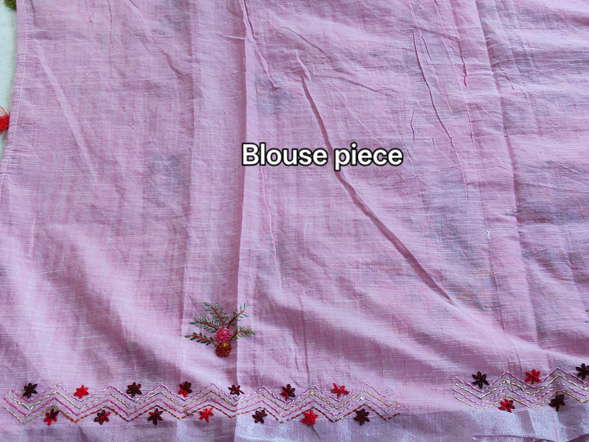 Dusty Lilac Linen-Cotton Saree with Hand Embroidery