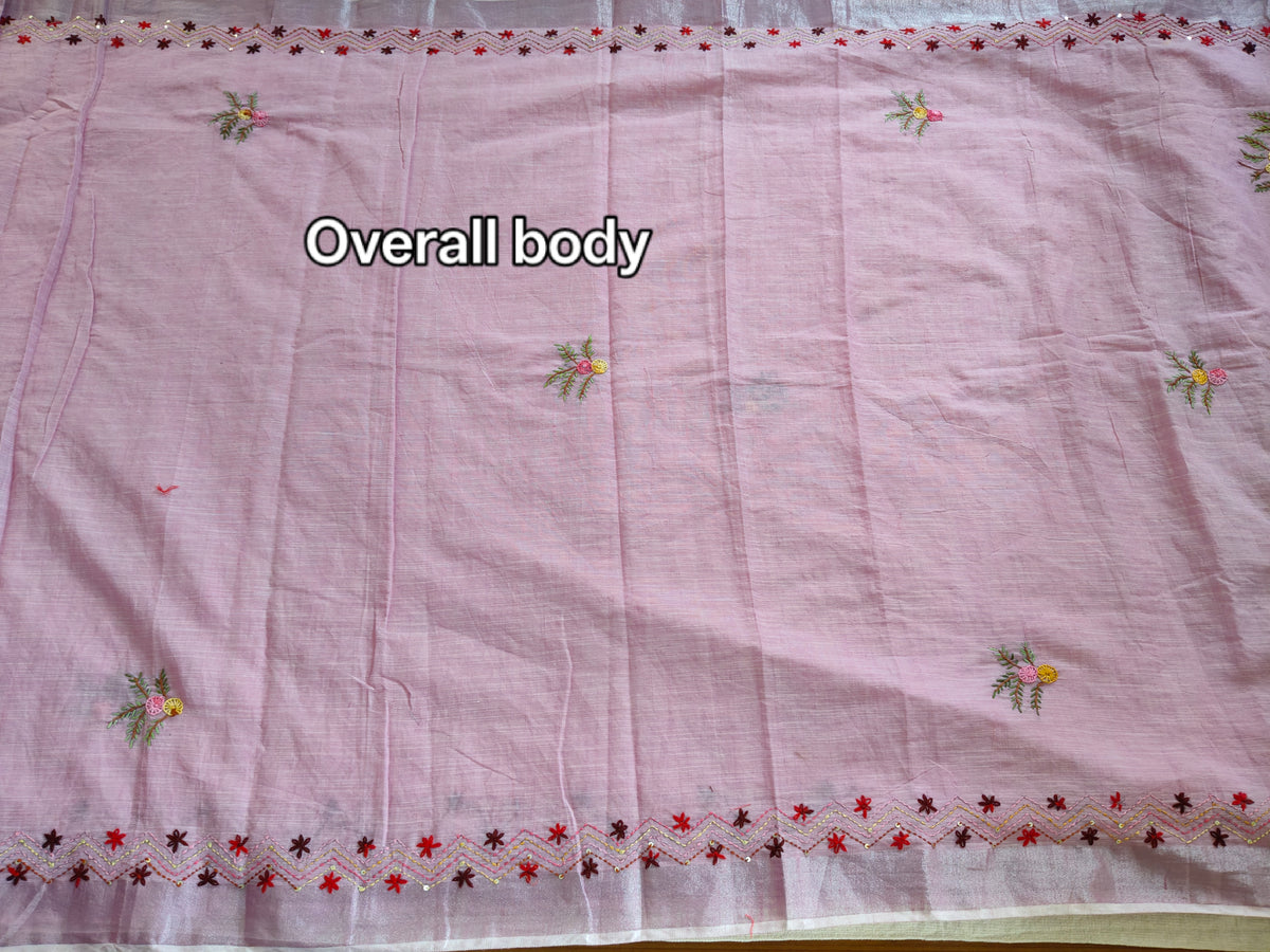 Dusty Lilac Linen-Cotton Saree with Hand Embroidery