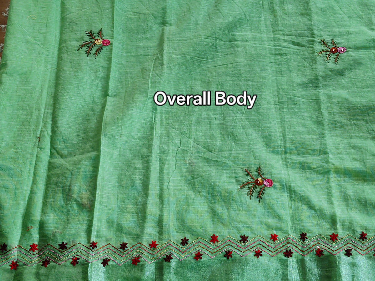 Leaf Green Linen-Cotton Saree with Hand Embroidery