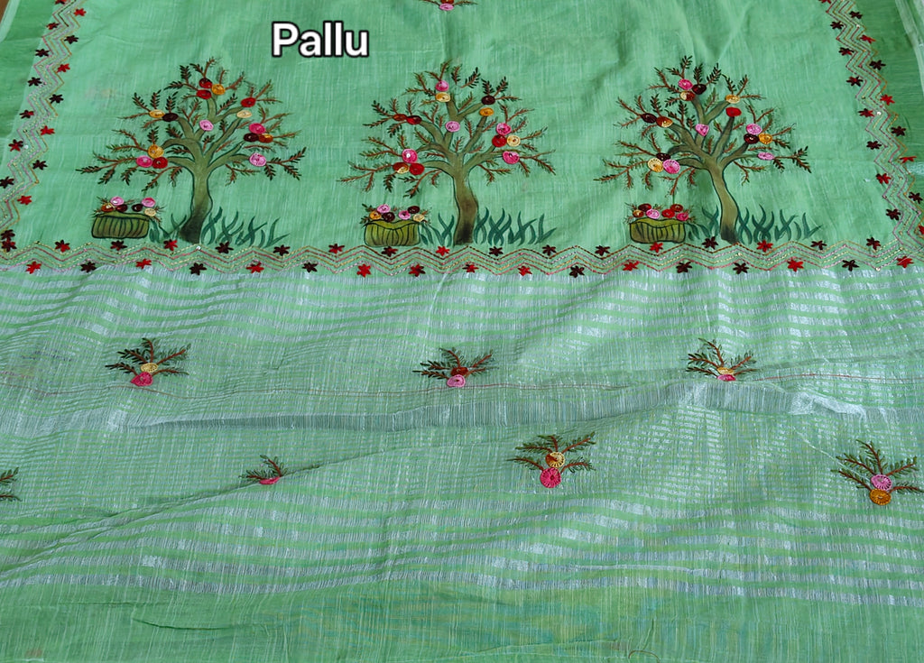 Leaf Green Linen-Cotton Saree with Hand Embroidery