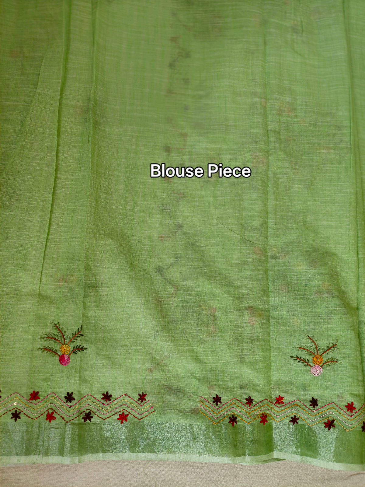 Leaf Green Linen-Cotton Saree with Hand Embroidery