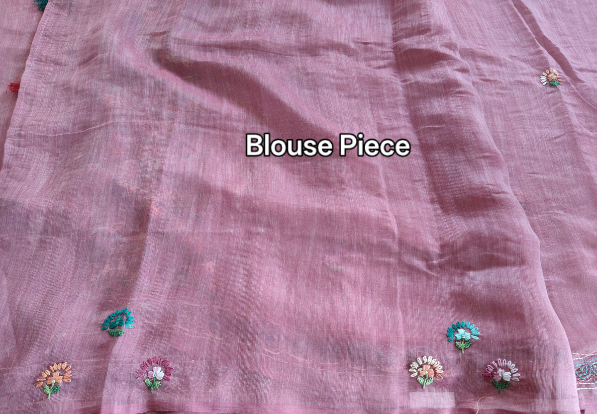 Dusty Rose Linen-Cotton Saree with Hand Embroidery