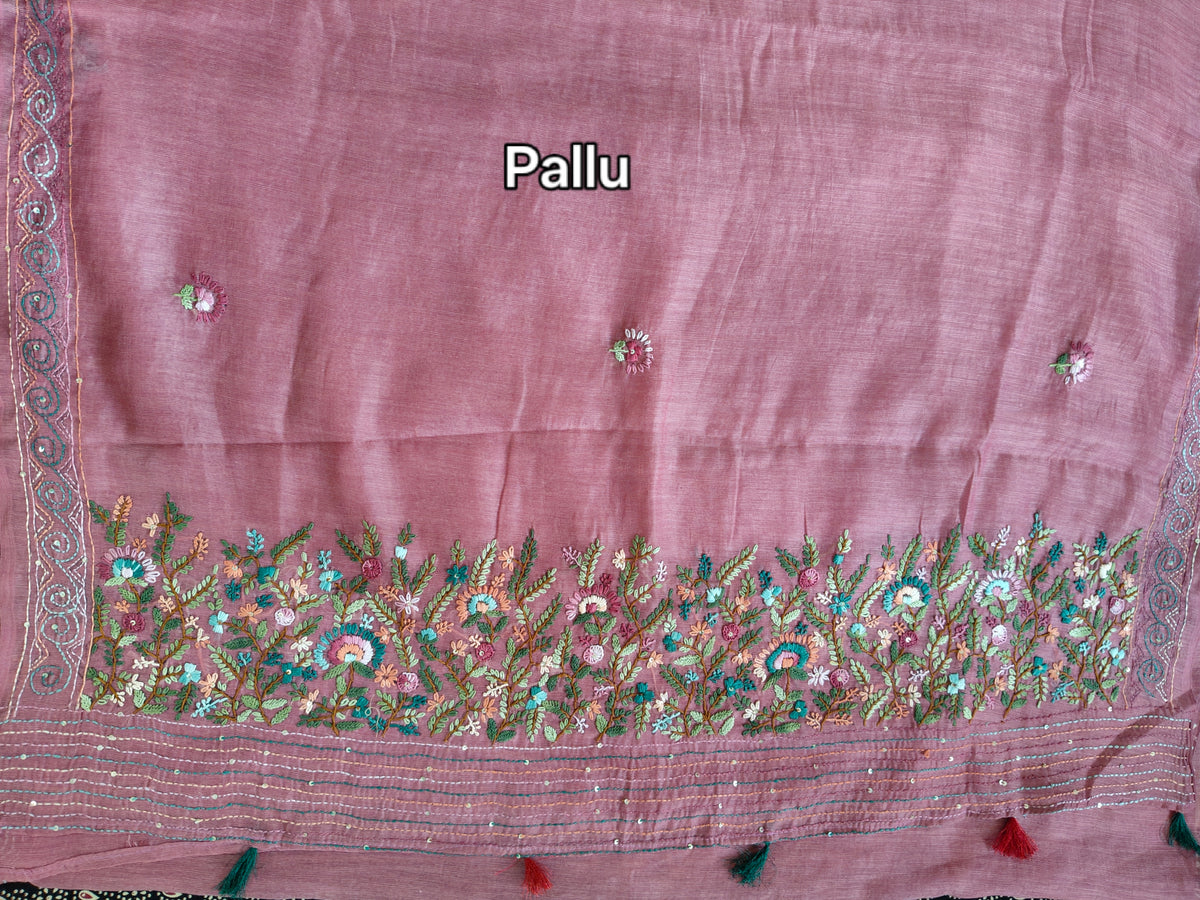 Dusty Rose Linen-Cotton Saree with Hand Embroidery
