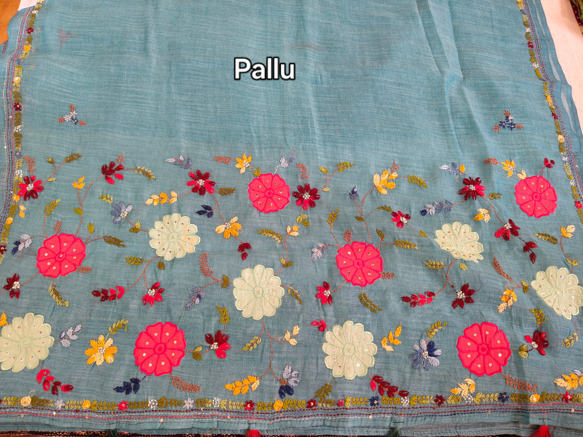 Dusty Blue Linen-Cotton Saree with Hand Embroidery