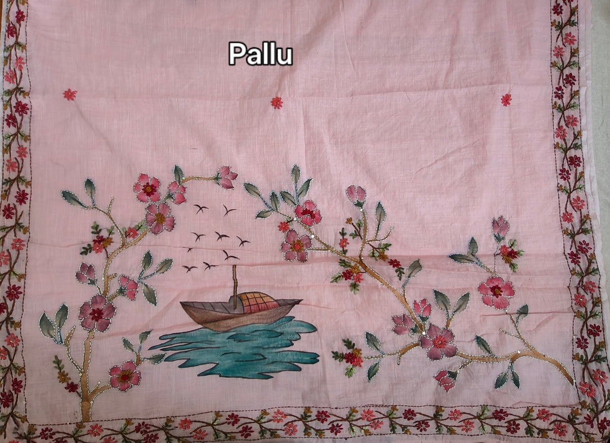 Soft Pink Linen-Cotton Hand-Embroidered Saree