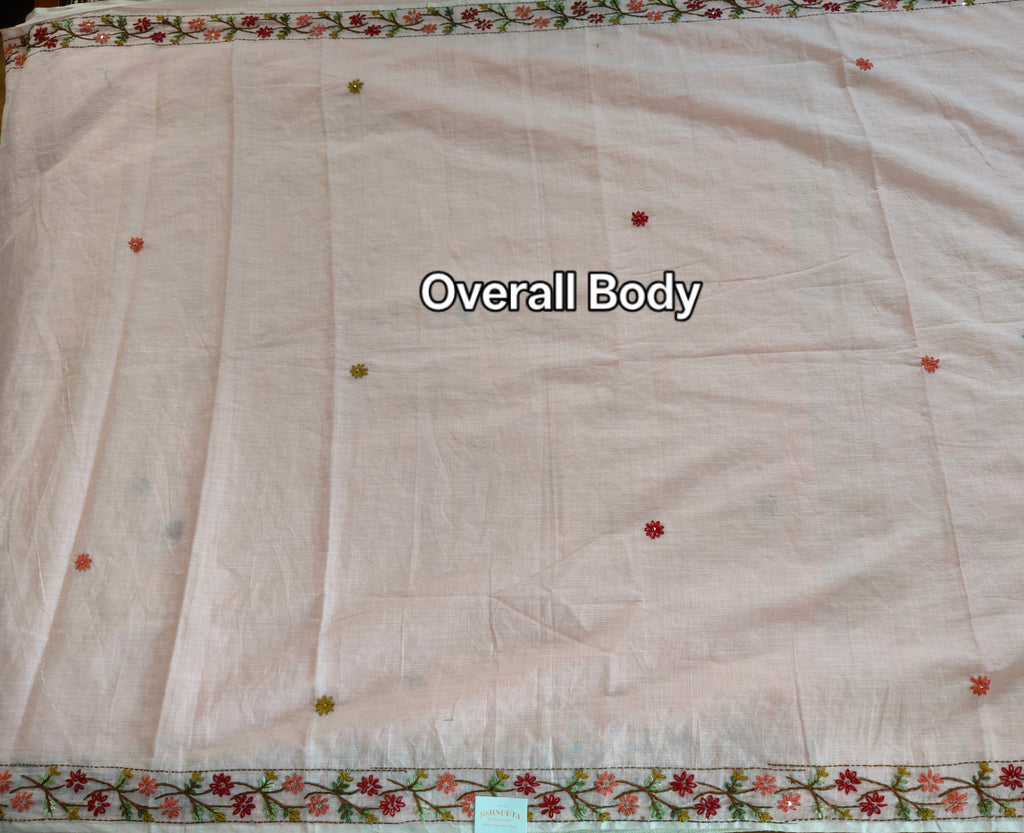 Soft Pink Linen-Cotton Hand-Embroidered Saree