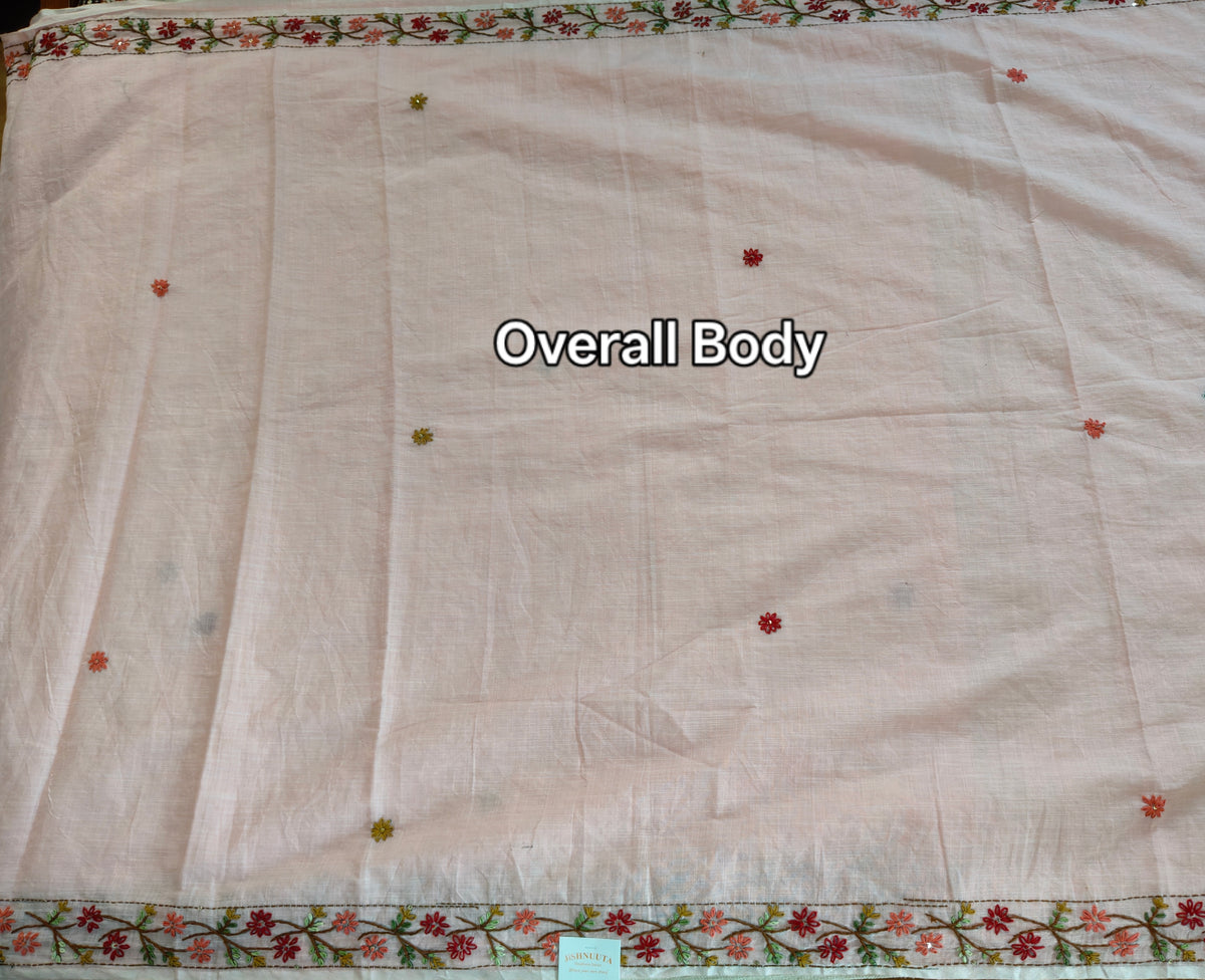 Soft Pink Linen-Cotton Hand-Embroidered Saree