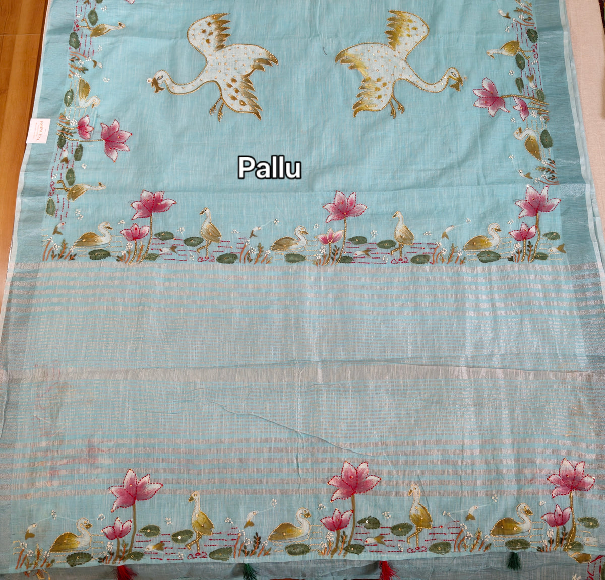 Pastel Blue Linen-Cotton Hand-Painted Embroidered Saree