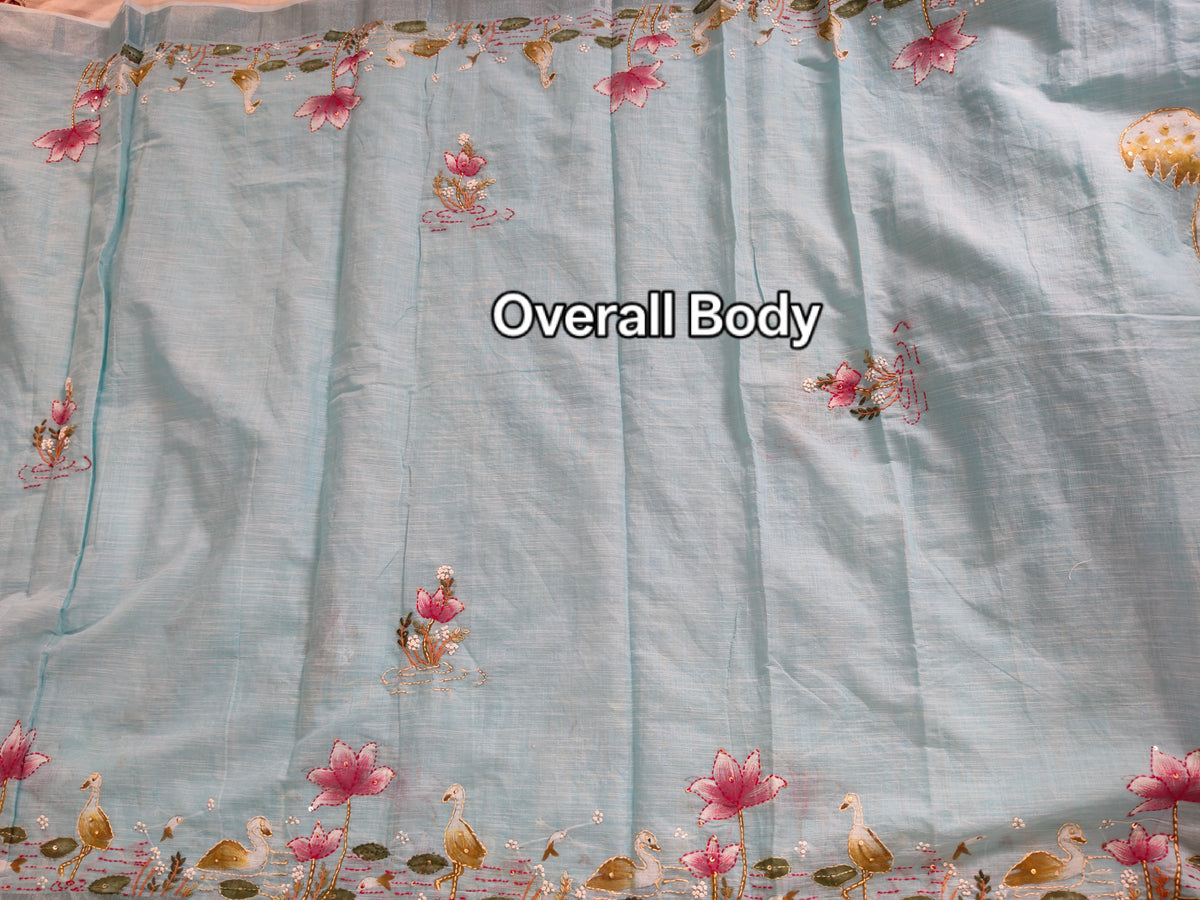 Pastel Blue Linen-Cotton Hand-Painted Embroidered Saree