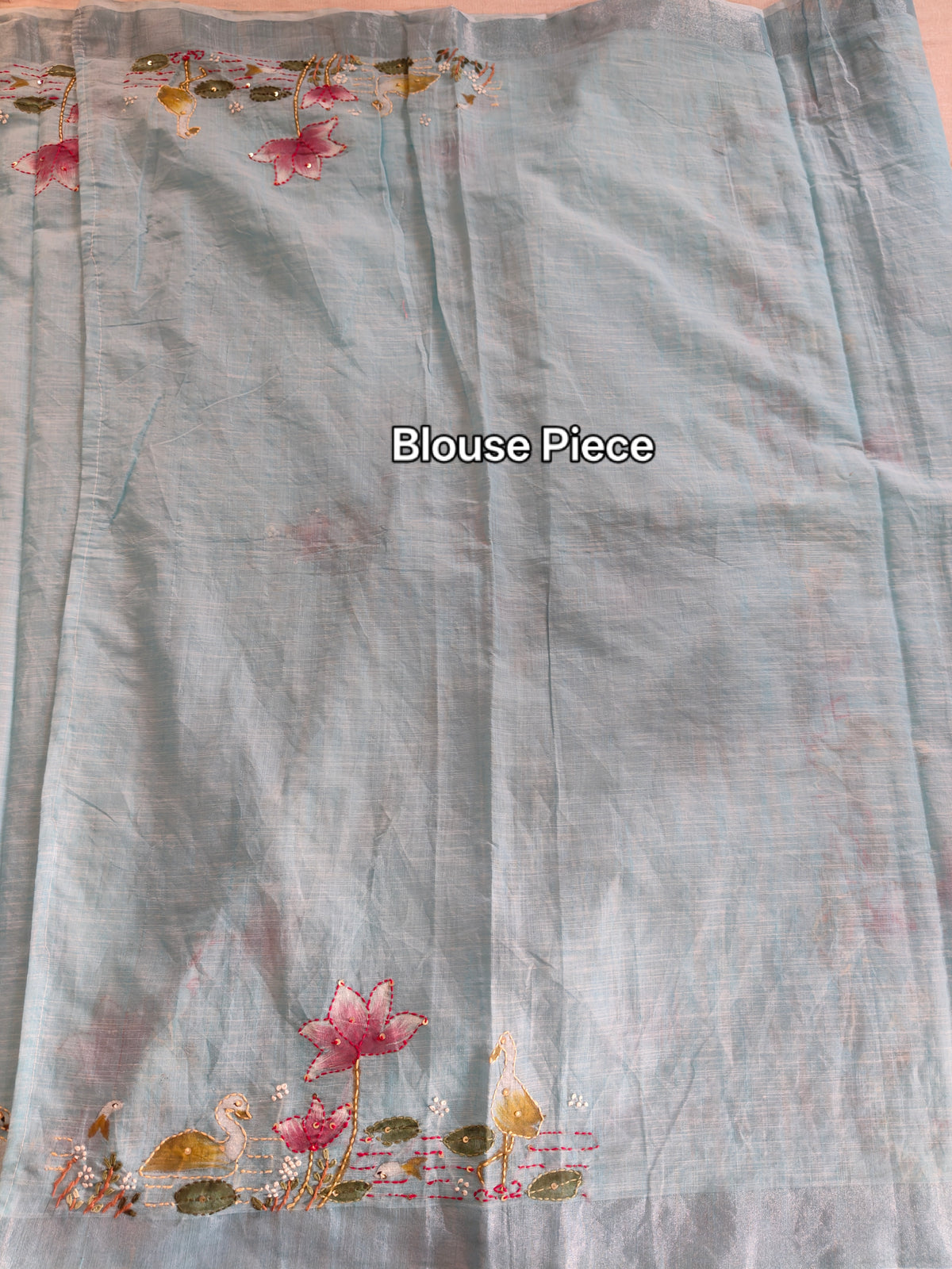 Pastel Blue Linen-Cotton Hand-Painted Embroidered Saree