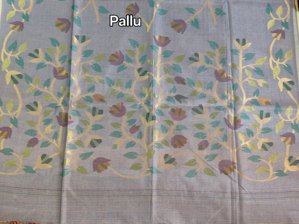 Misty Blue-Grey Pure Tussar Jamdani Saree