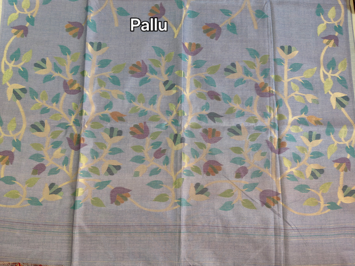Misty Blue-Grey Pure Tussar Jamdani Saree