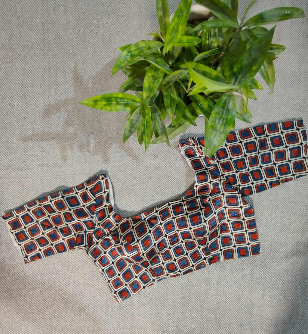 Ivory, Red & Blue Modal Ajrakh-Inspired Square-Print Padded Blouse