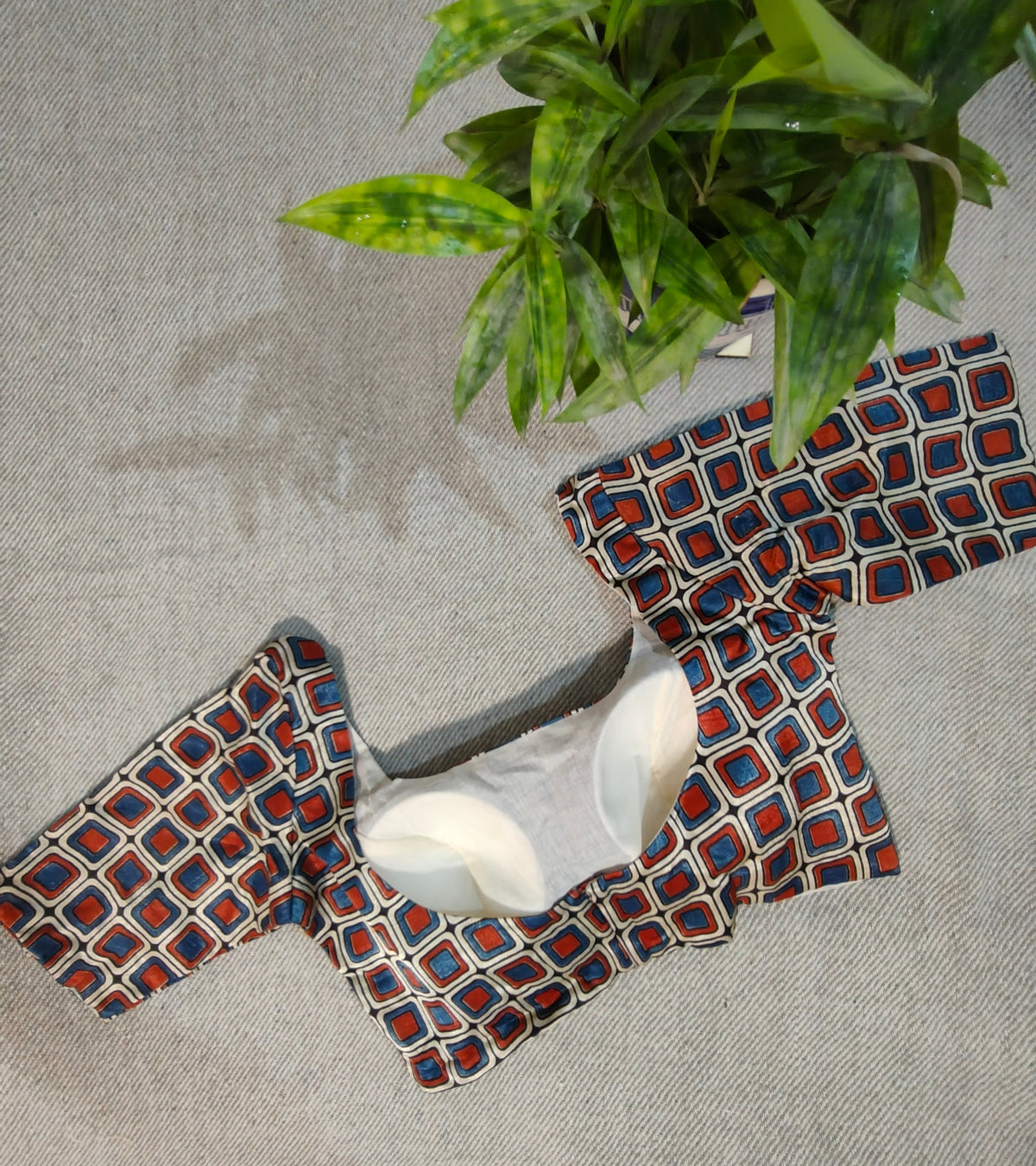 Ivory, Red & Blue Modal Ajrakh-Inspired Square-Print Padded Blouse