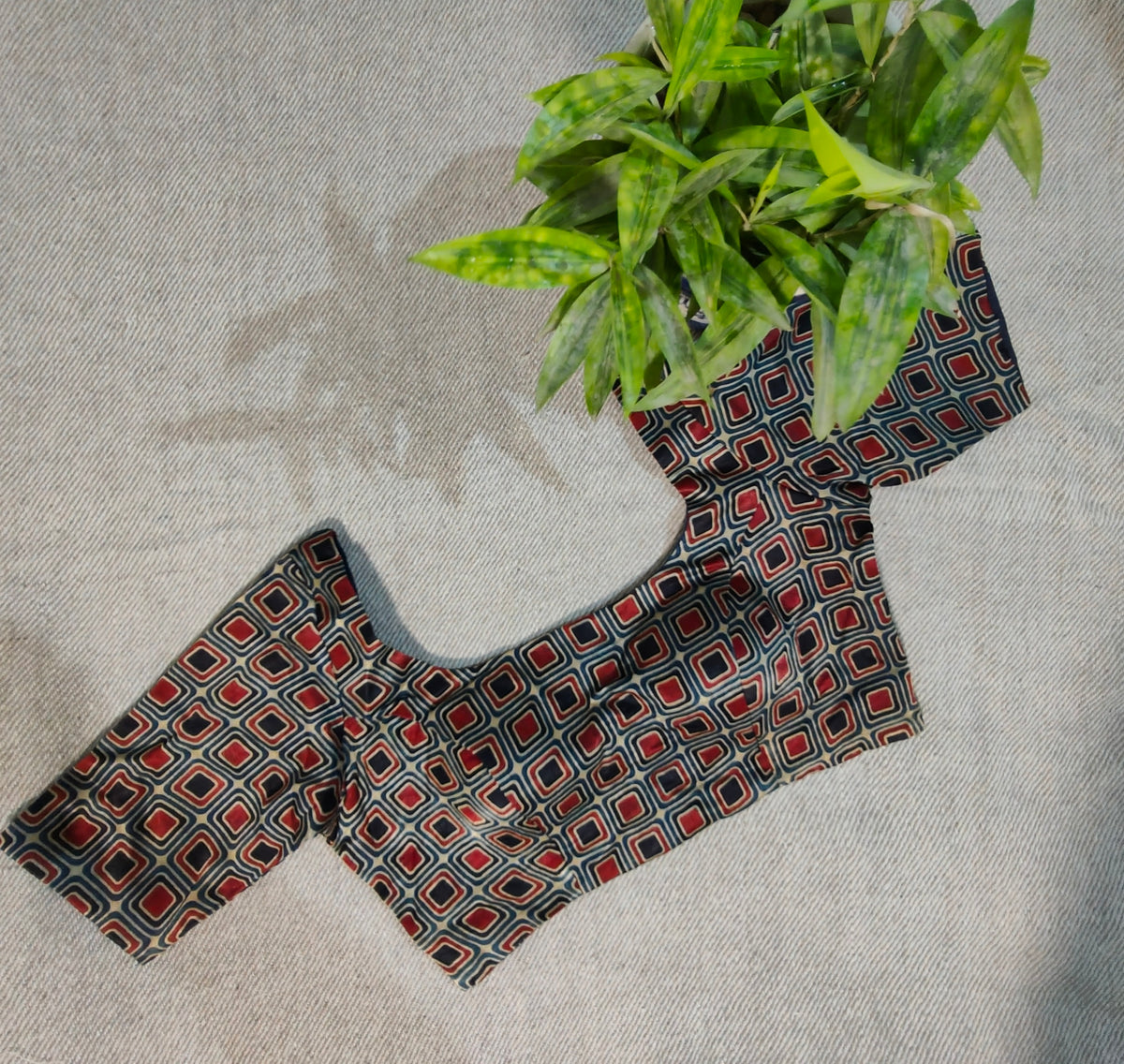 Modal Ajrakh-Inspired Square-Print Padded Blouse