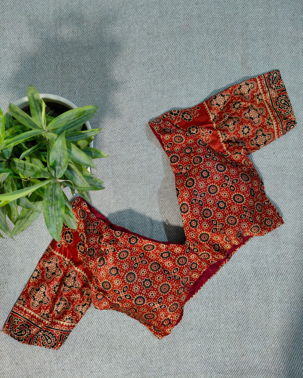 Rust Modal Ajrakh-Inspired Deep V-Neck Padded Blouse