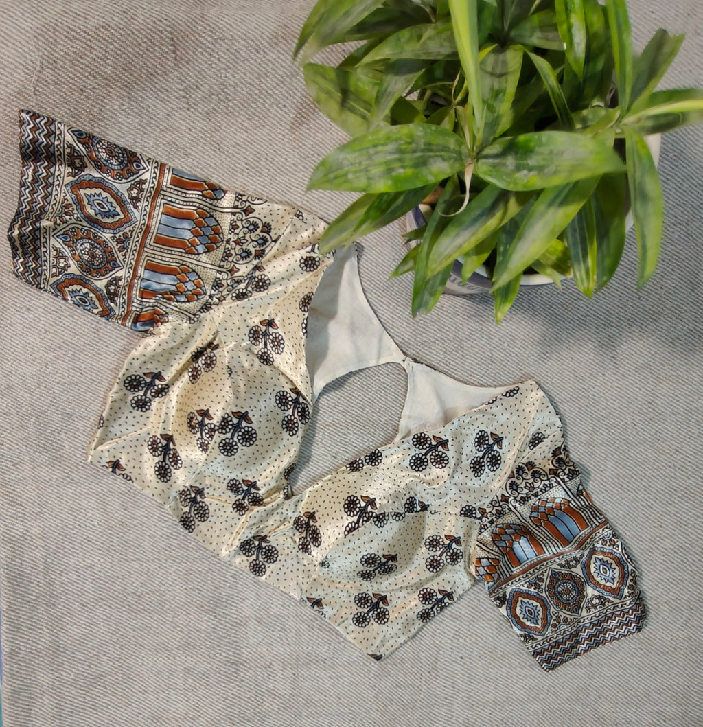White Modal Ajrakh-Inspired Padded Blouse with Oval-Cut Back