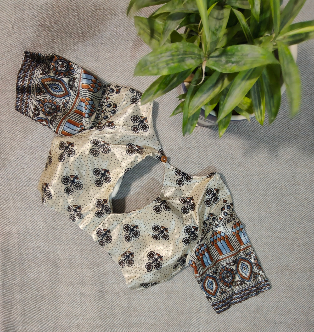 White Modal Ajrakh-Inspired Padded Blouse with Oval-Cut Back