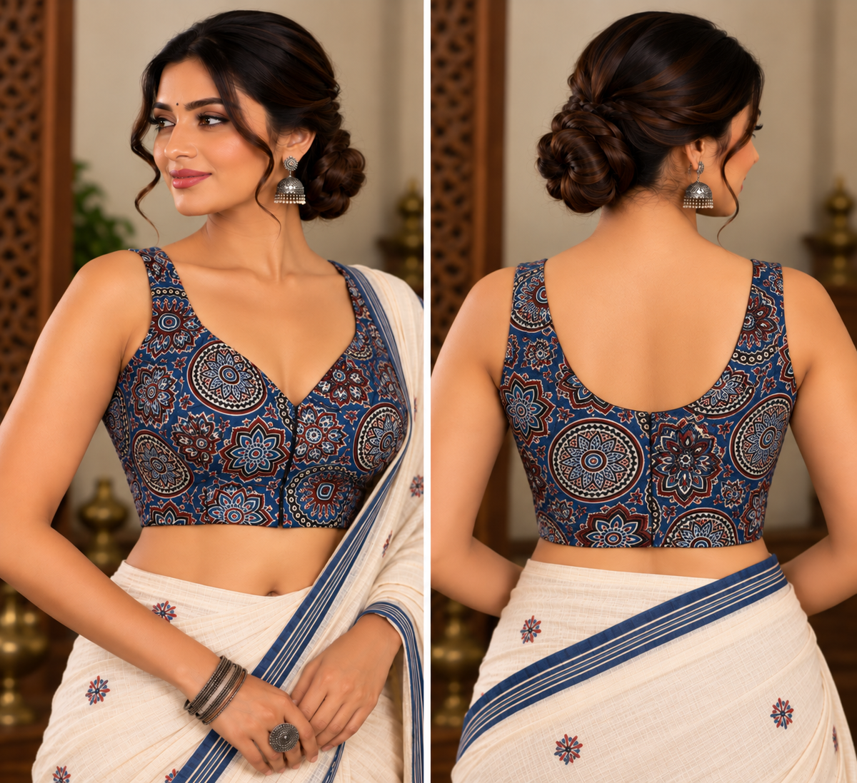 Blue-Red Modal Ajrakh-Inspired Sleeveless Padded Blouse