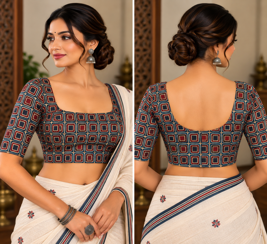 Modal Ajrakh-Inspired Square-Print Padded Blouse