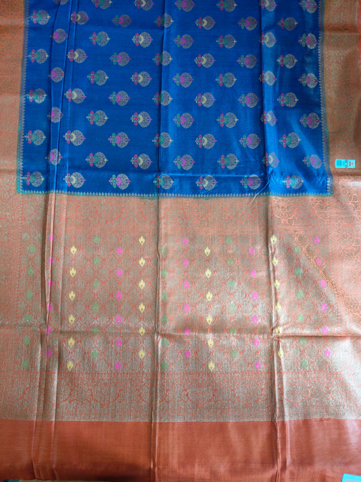 Pure Muga Tussar Silk Saree – Royal Blue with Antique Zari Floral Pallu