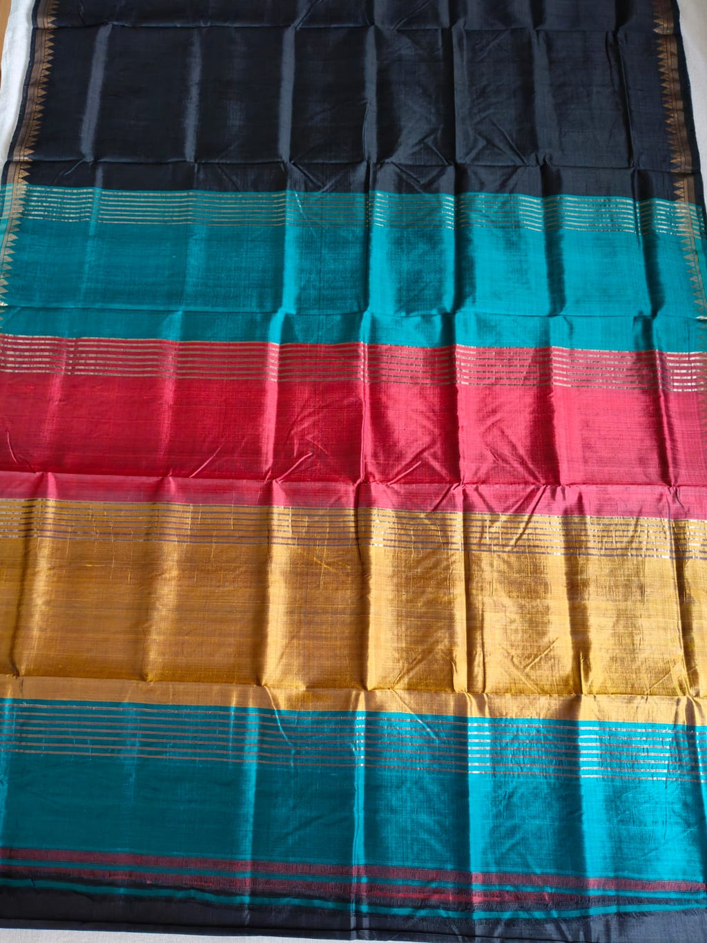 Pure Katan Silk Saree with Inch Border – Classic Black with Contrast Multicolour Pallu