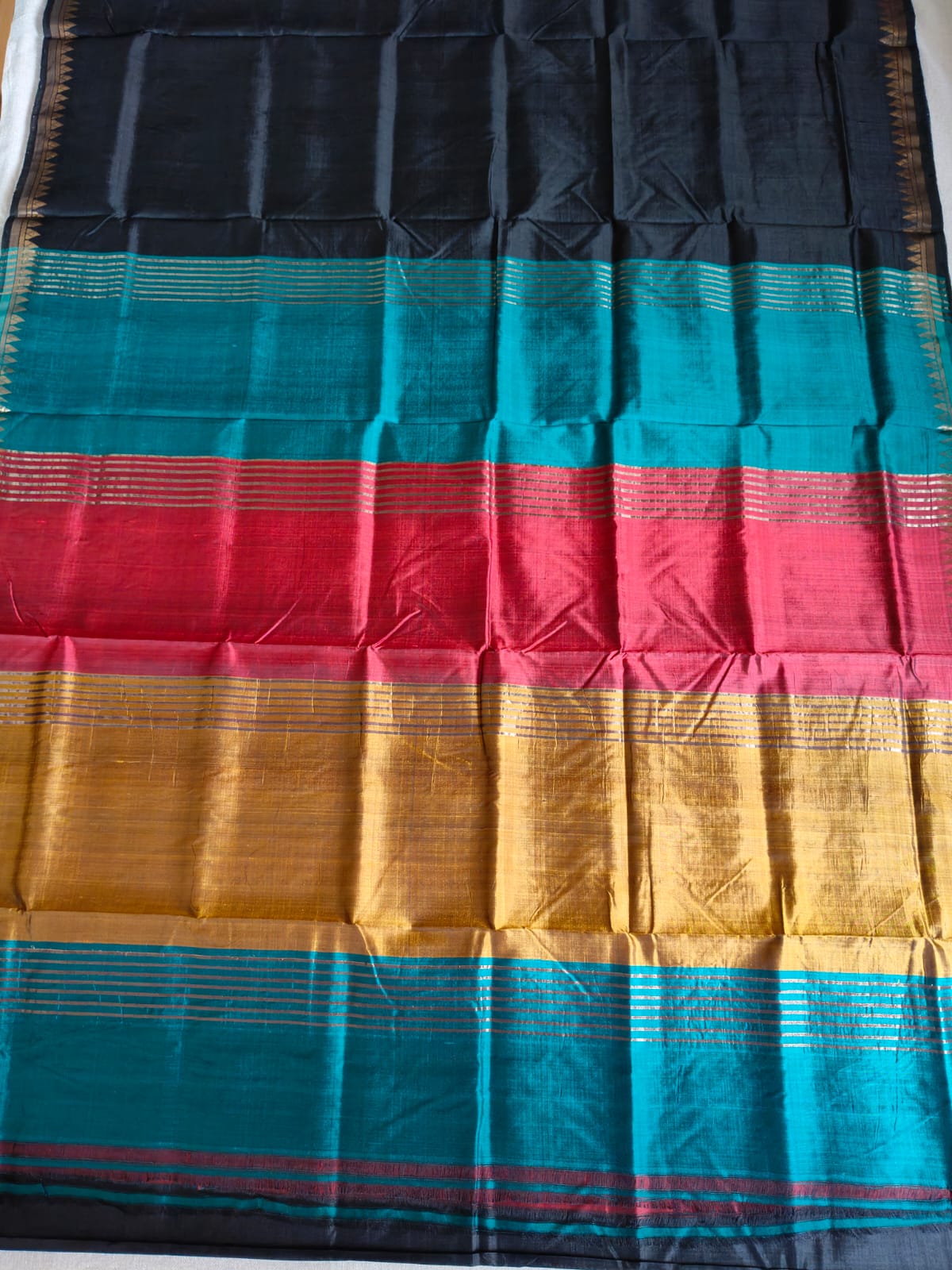 Pure Katan Silk Saree with Inch Border – Classic Black with Contrast Multicolour Pallu