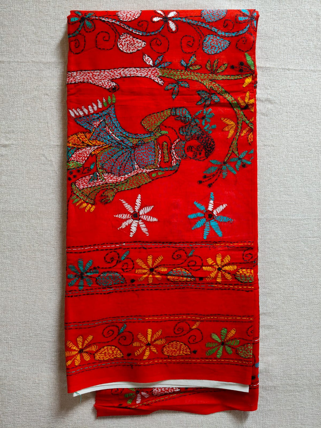 Mal Cotton Kantha Saree – Ivory White with Vermilion Red Kantha Border & Folk Art Pallu