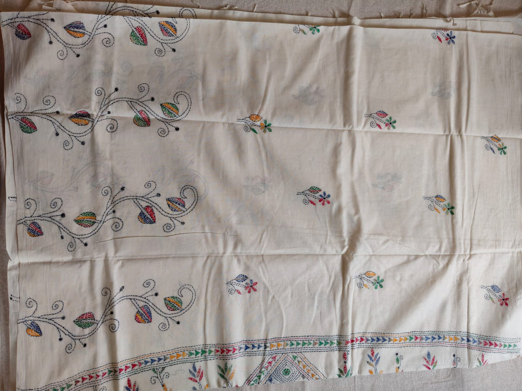 Pure Khadi Cotton Kantha Saree – Ivory White with Multicolour Hand Kantha Embroidery
