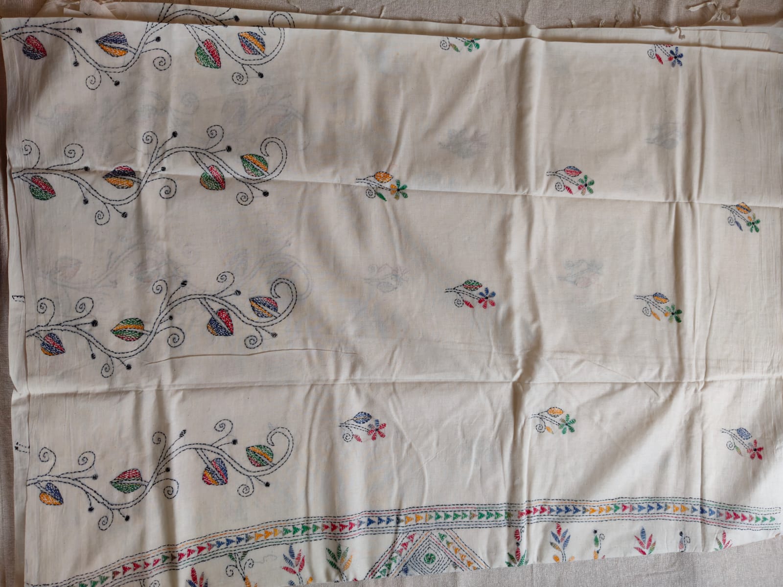 Pure Khadi Cotton Kantha Saree – Ivory White with Multicolour Hand Kantha Embroidery