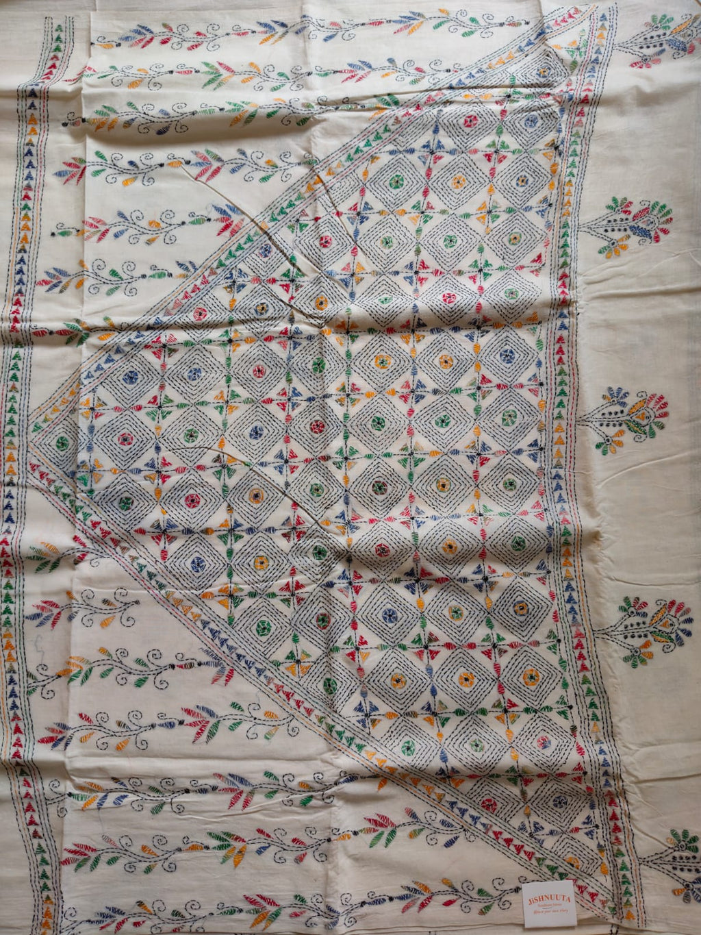 Pure Khadi Cotton Kantha Saree – Ivory White with Multicolour Hand Kantha Embroidery