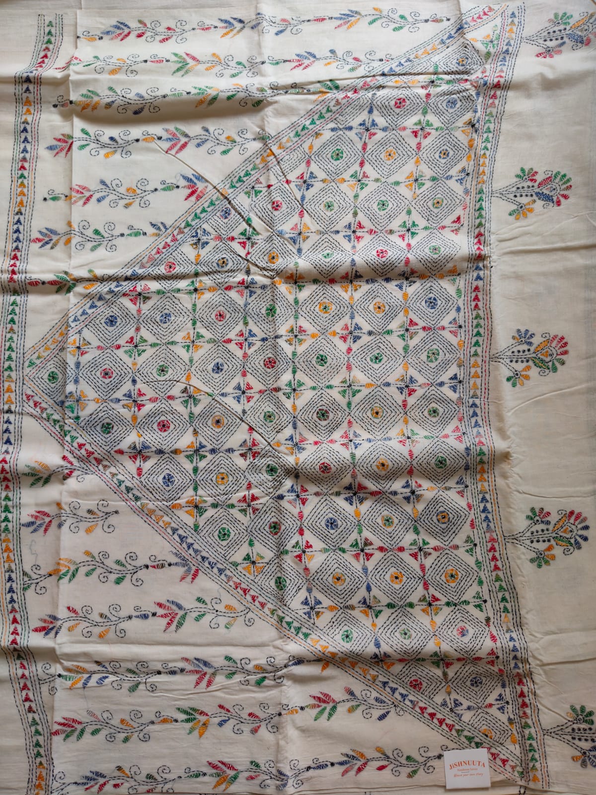 Pure Khadi Cotton Kantha Saree – Ivory White with Multicolour Hand Kantha Embroidery