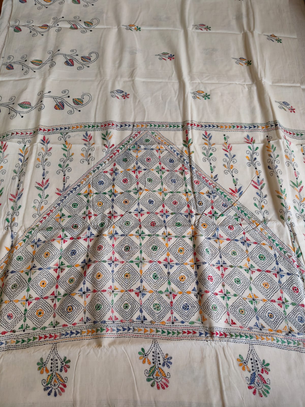 Pure Khadi Cotton Kantha Saree – Ivory White with Multicolour Hand Kantha Embroidery