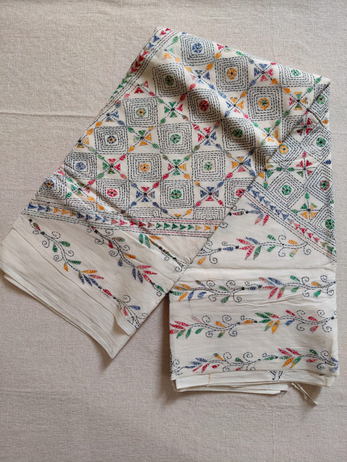 Pure Khadi Cotton Kantha Saree – Ivory White with Multicolour Hand Kantha Embroidery