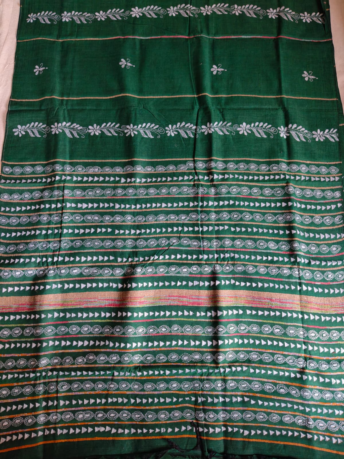 Pure Cotton Khesh Kantha Saree – Emerald Green with Hand Kantha Embroidery