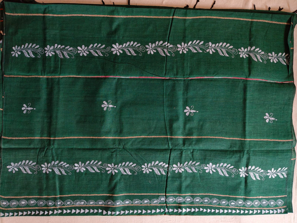 Pure Cotton Khesh Kantha Saree – Emerald Green with Hand Kantha Embroidery