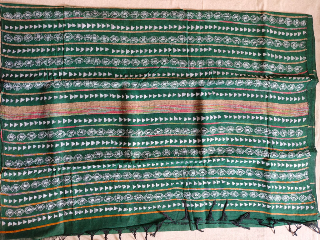 Pure Cotton Khesh Kantha Saree – Emerald Green with Hand Kantha Embroidery