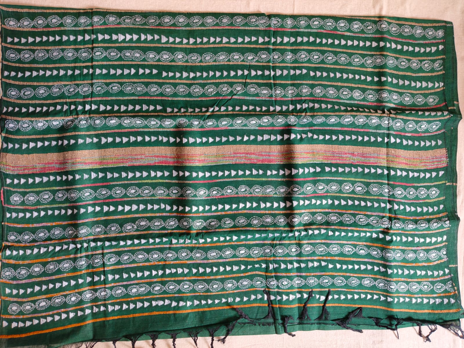 Pure Cotton Khesh Kantha Saree – Emerald Green with Hand Kantha Embroidery
