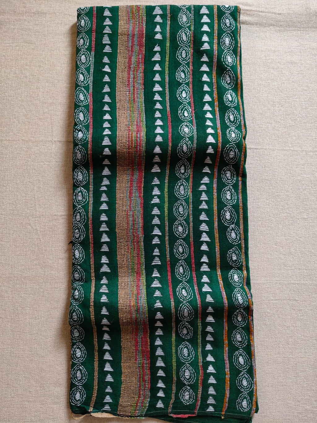 Pure Cotton Khesh Kantha Saree – Emerald Green with Hand Kantha Embroidery