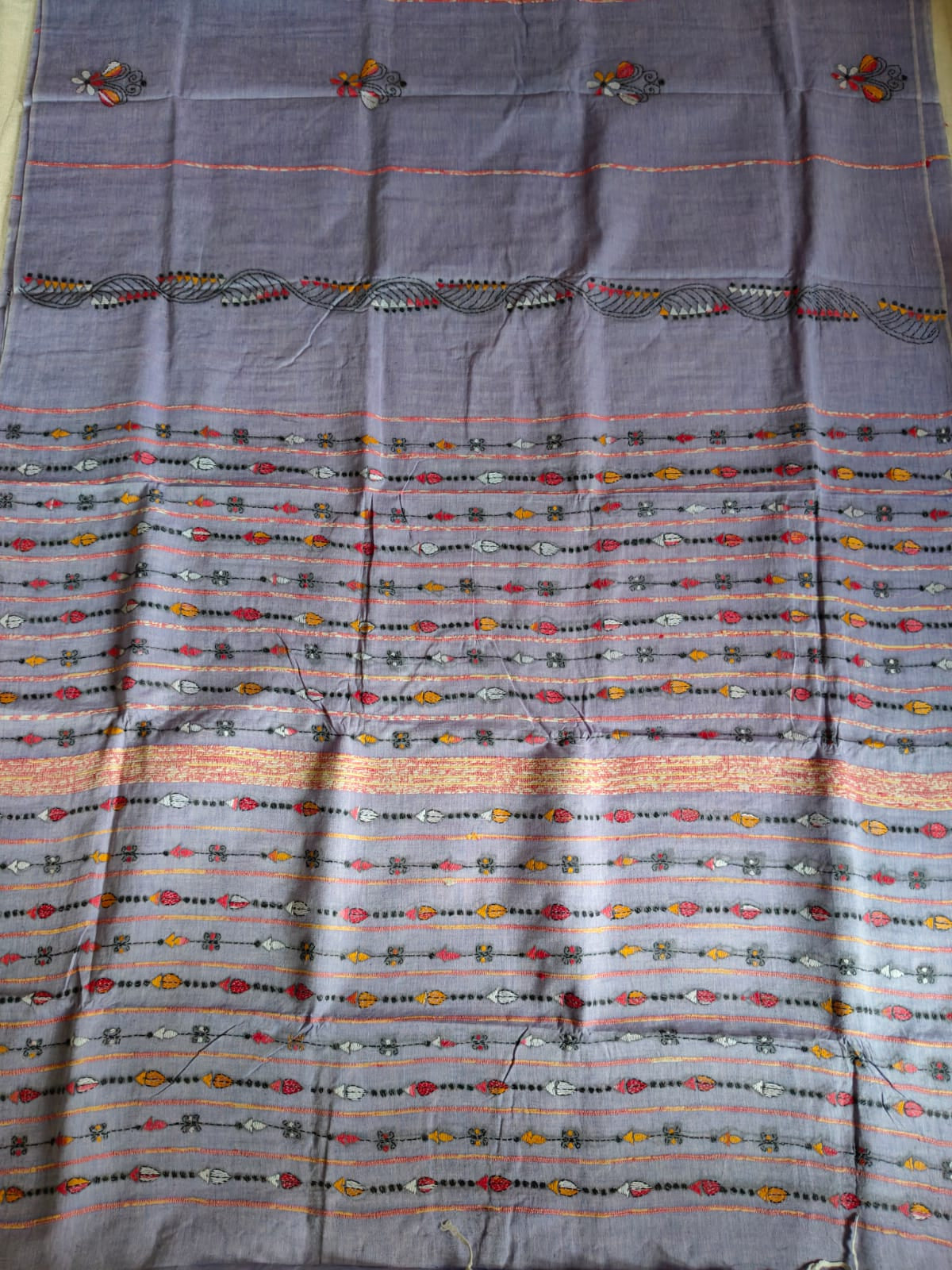 Pure Cotton Khesh Kantha Saree – Smoky Lavender Grey with Hand Kantha Embroidery