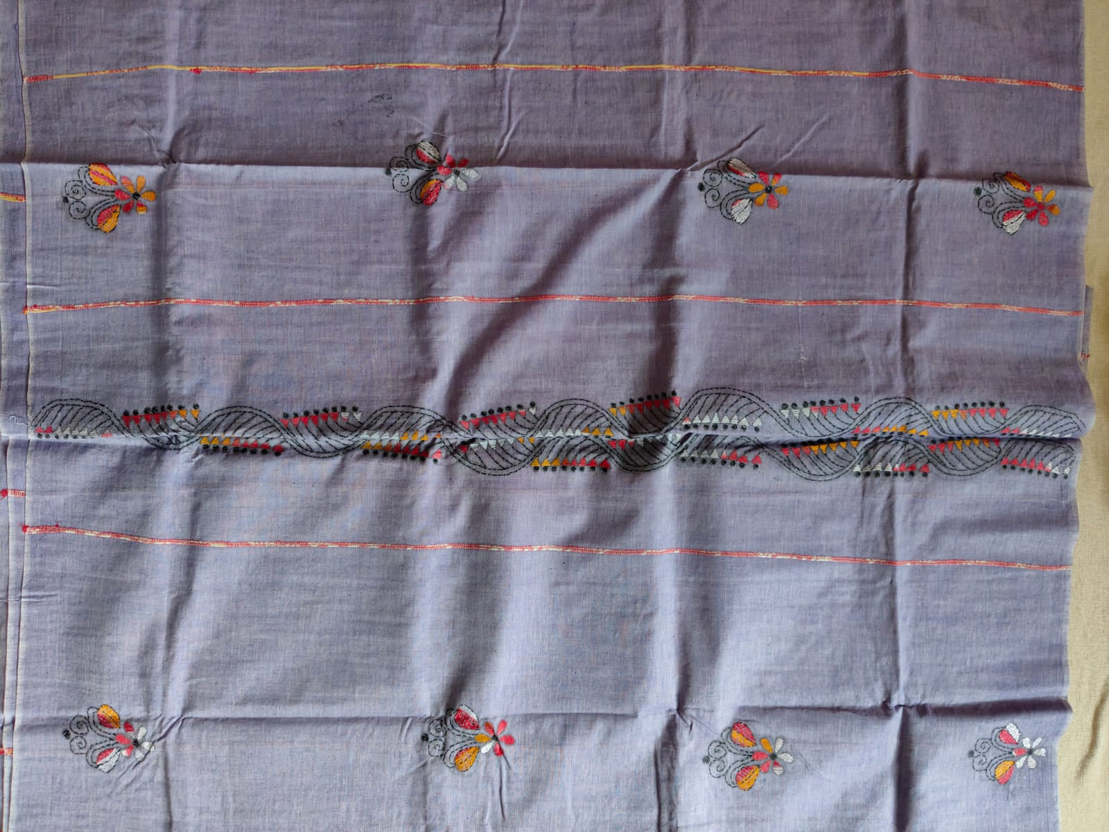 Pure Cotton Khesh Kantha Saree – Smoky Lavender Grey with Hand Kantha Embroidery